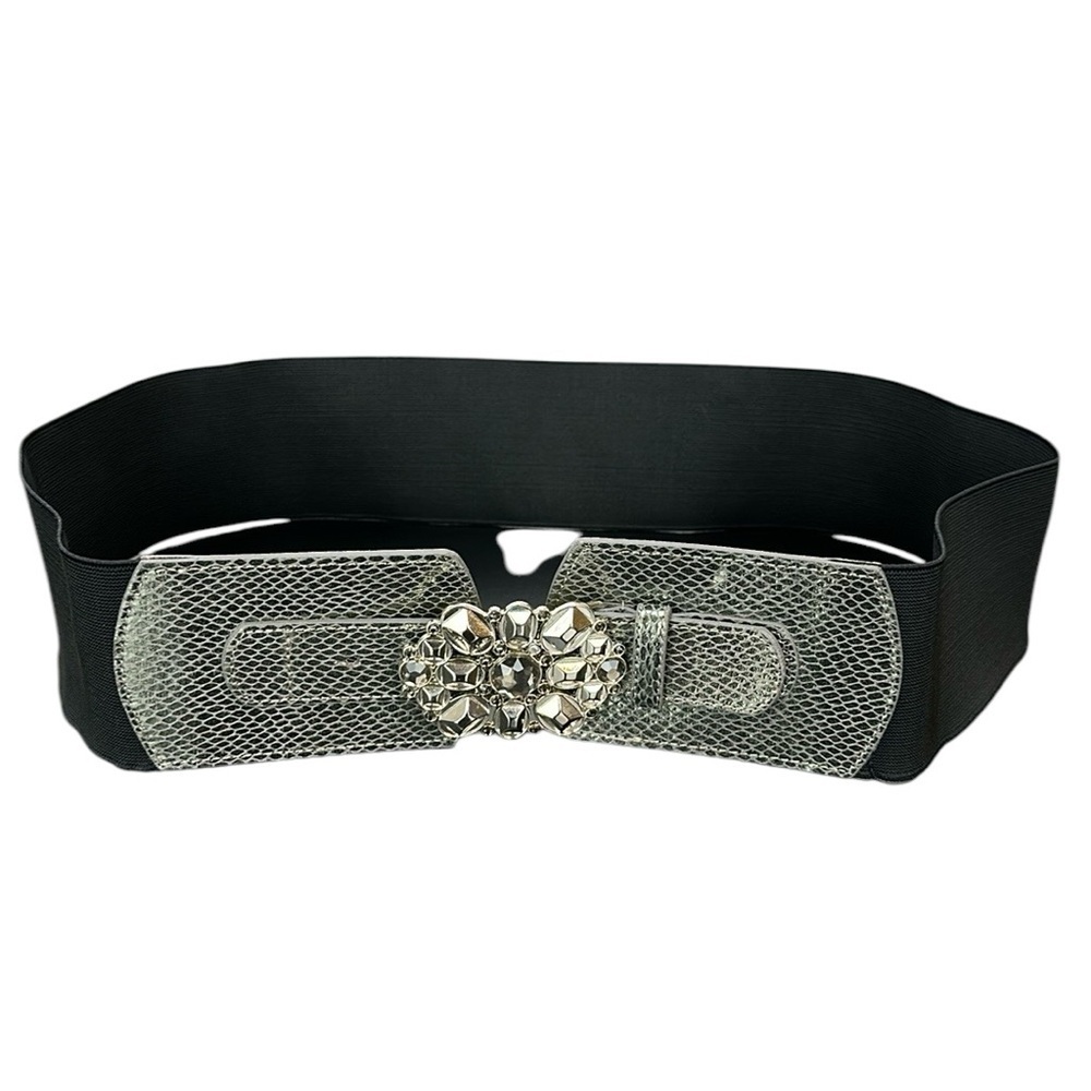 Vtg New York & Co Black/Silver Elastic‎ Belt Bling Rhinestone Buckle L/XL